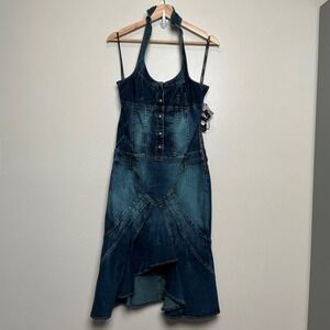 Baby Phat Denim Halter Dress Women's 10 Blue Y2K Ruffle Hem Embroidered Logo NWT